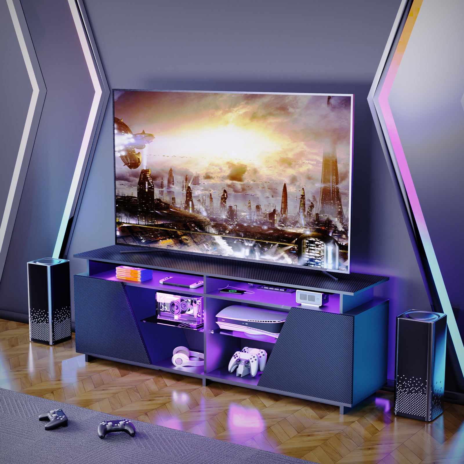 Gaming TV Stand for PS5 with Power Outlet,for TVs 75 inch and Below,LED Entertainment Center,Suitable for Living Room,Bedroom - Gaming Empire