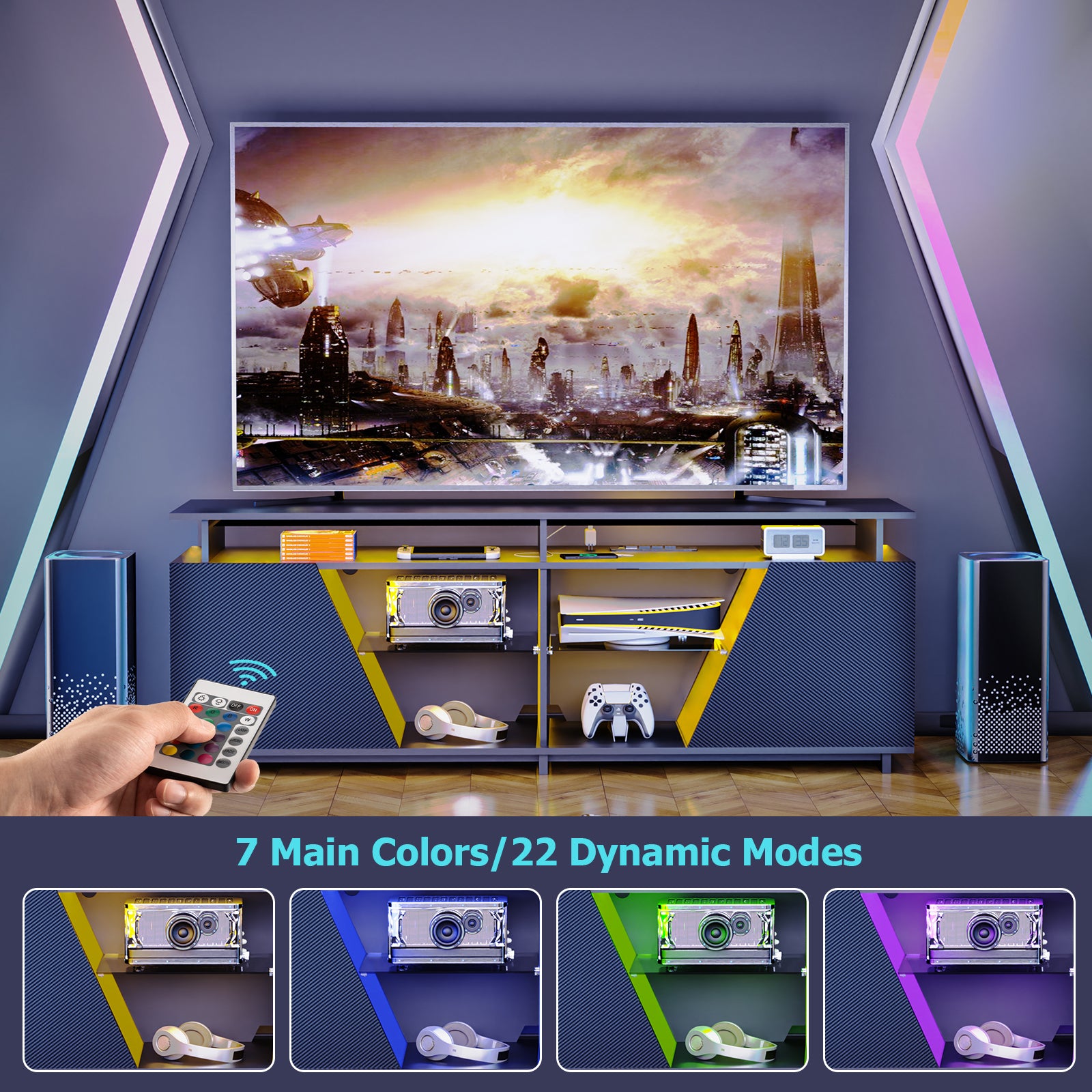 Gaming TV Stand for PS5 with Power Outlet,for TVs 75 inch and Below,LED Entertainment Center,Suitable for Living Room,Bedroom - Gaming Empire