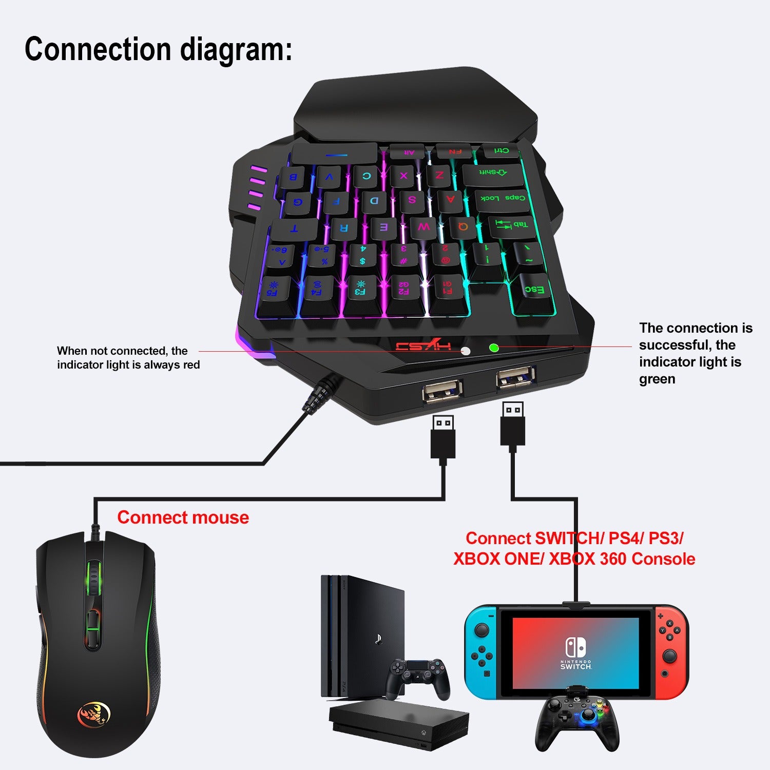 V500 gaming one handed keyboard RGB illuminated keyboard built-in converter supports PS3 and PS4 gaming consoles - Gaming Empire