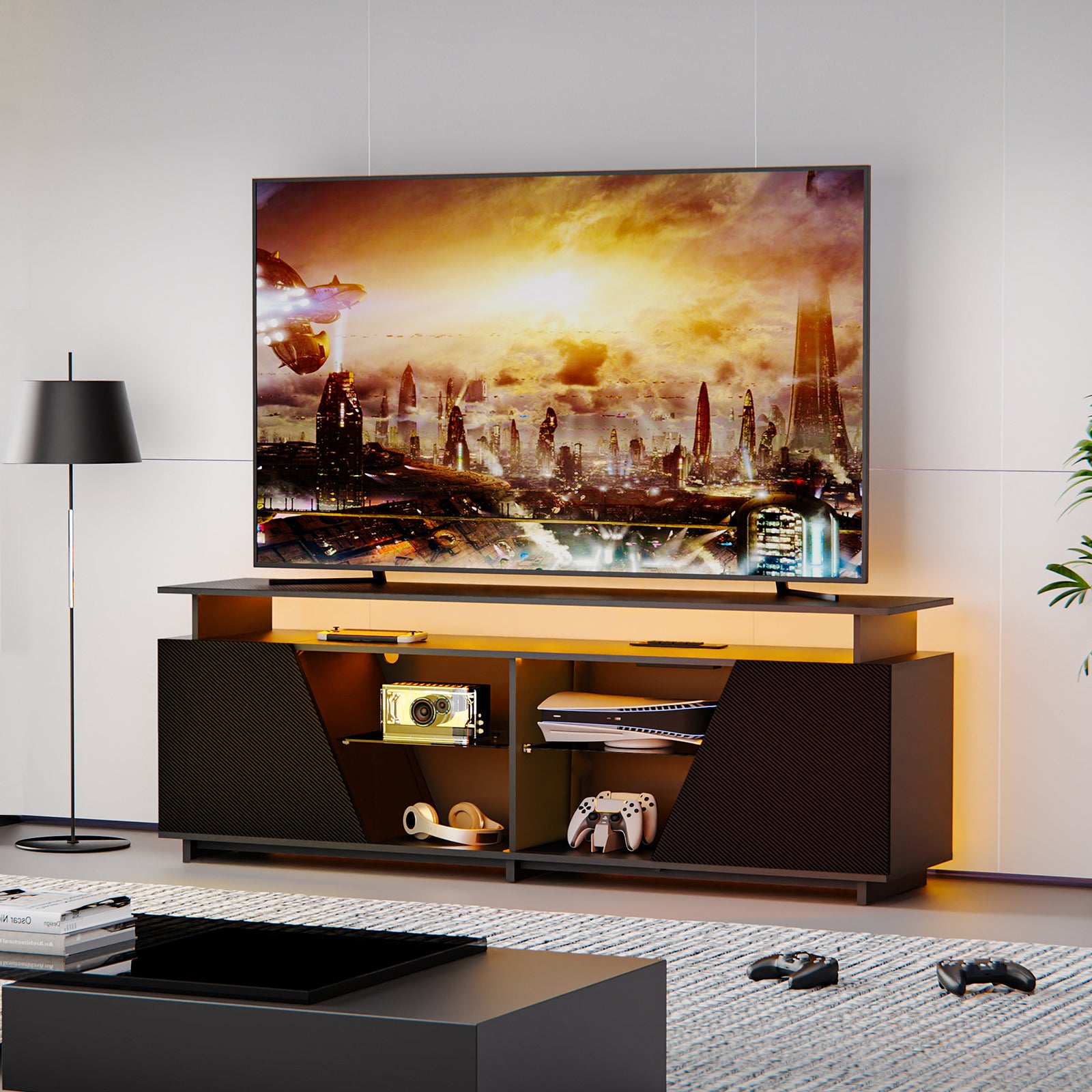 Gaming TV Stand for PS5 with Power Outlet,for TVs 75 inch and Below,LED Entertainment Center,Suitable for Living Room,Bedroom - Gaming Empire